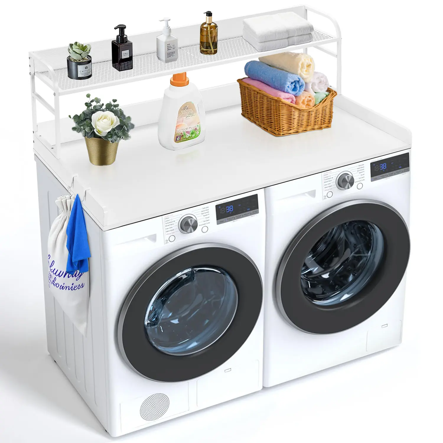 VEVOR Oak Washer Dryer Countertop, 54 x 27 in P2 Carb Board, 2-Tier Storage Shelf, 250 lbs Capacity, Anti-Slip Pads, Water-Resistant, Easy-to-Assemble Laundry Topper for Laundry Room Organization, White, Father's Day Gift, Washing Machine