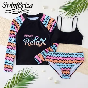 Briza｜Girls Long Sleeve Swim Shirt Three Piece Bikini Set Black Pastel Multicolor Wave Print Scoop Top Mid Rise Bottoms Cute Bathing Suit Beach Vacation Resort Swimwear Kids Swimsuit Two Piece Rash Guard Coverage Summer Pool, Girls Swimwear
