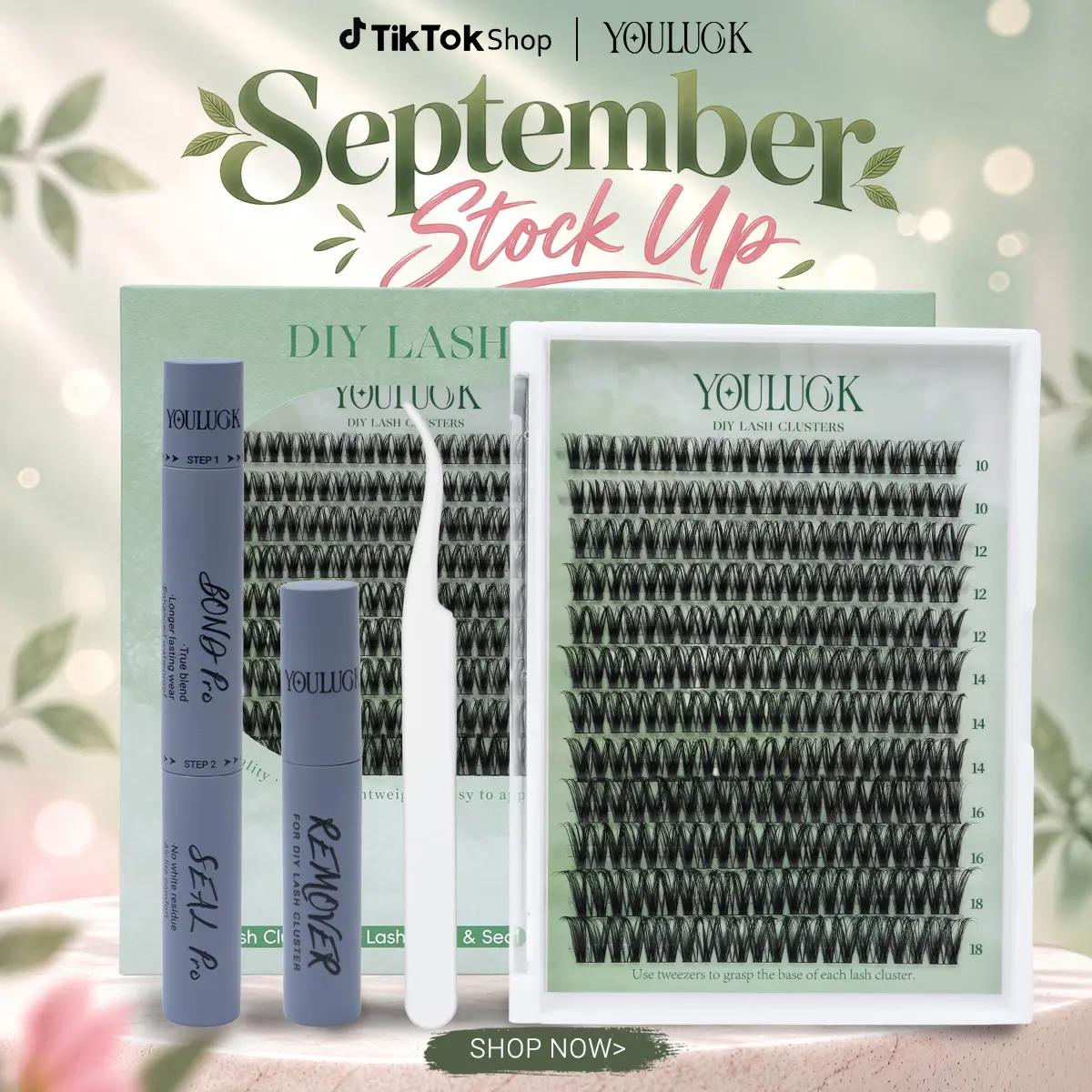 YOULUCK Velvet Touch 2.0 Gray Glue Natural Lash Clusters Kit - Waterproof, Lightweight, Fluffy Individual Extensions with Ultra-Thin Band, Bond, Seal, Remover, 16 – 18 Mm Bundle, Ideal for Beginners, Makeup DIY, Daily Wear & Events