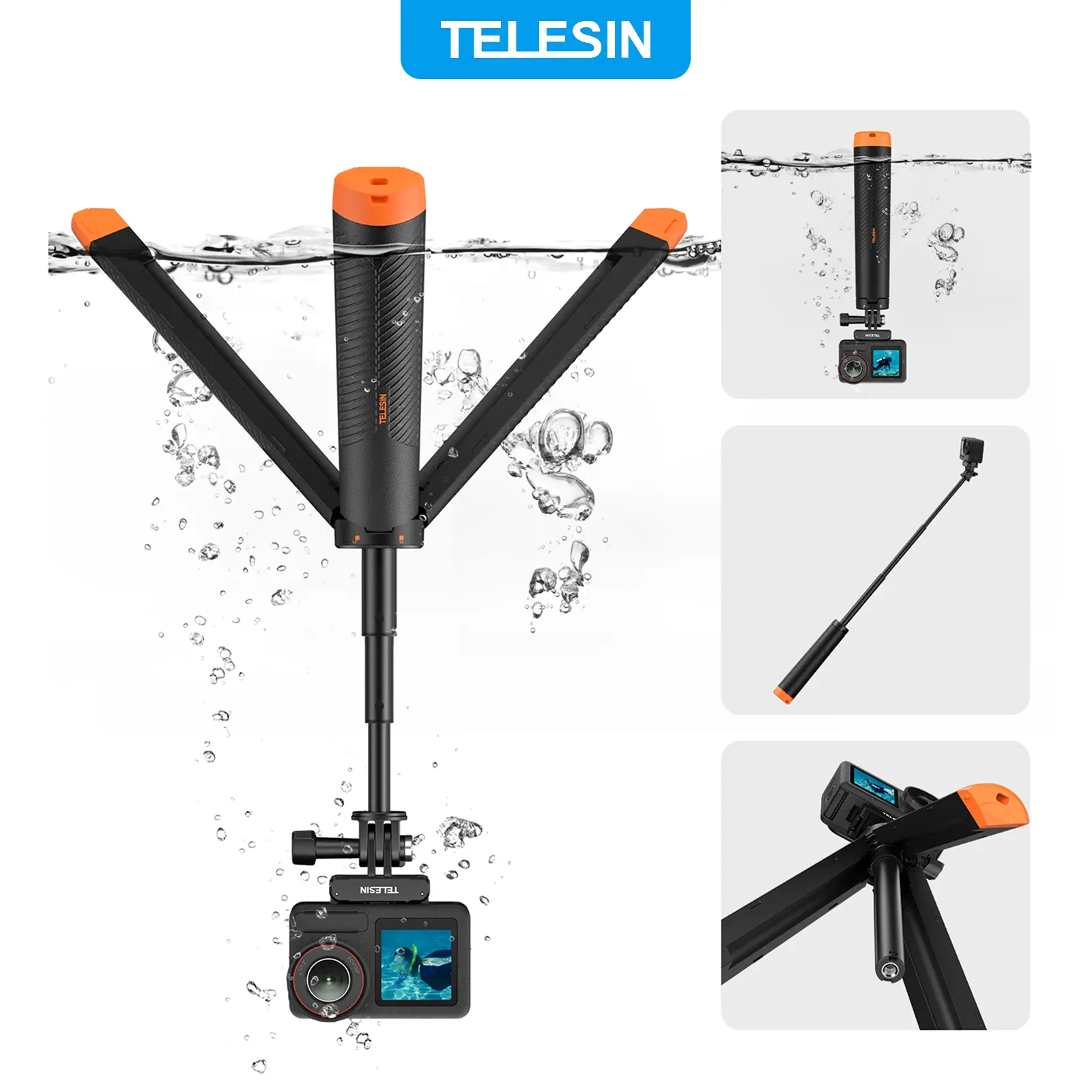 TELESIN 4-in-1 Floating Selfie Stick, Floating Hand Grip, Action Camera Float with Tripod & Extendable Stick for 360 Camera, GoPro Hero 13/12/11/10/9/8, DJI Osmo Action 5/4/3 Pocket 3, Insta360 X5/X4/X3/ACE/GO 3, Akaso, Xtra