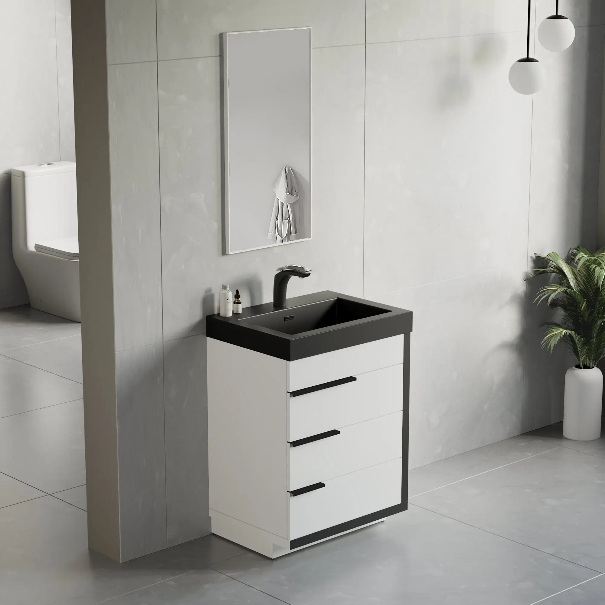 Dowell 24“ Single Bathroom Vanity Set- Freestanding Glossy White Vanity with Black Accents,Matte Black Resin Basin,Three Soft-Close Drawers - 024 Series