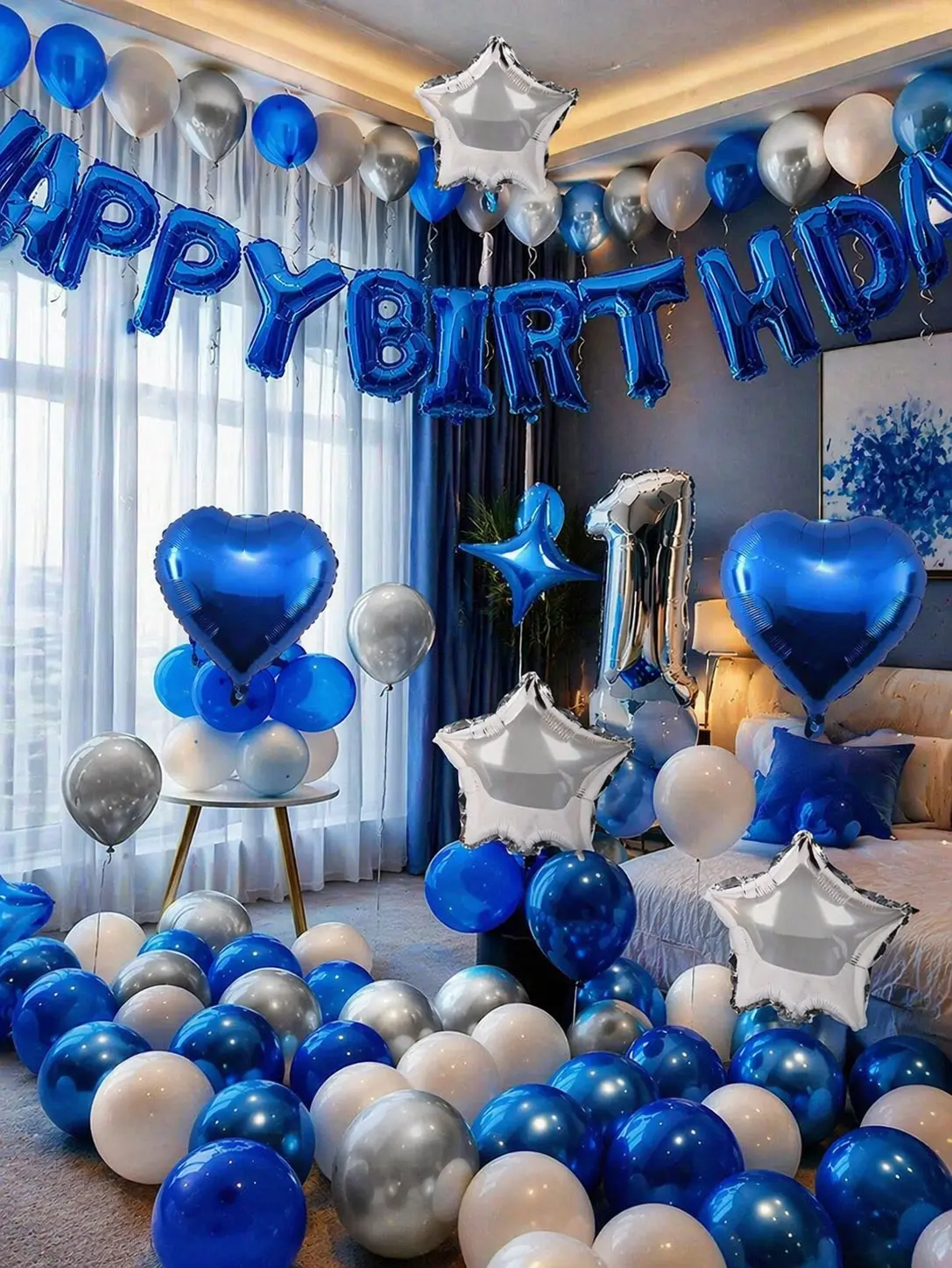 Blue Lightweight Reflective Metallic Birthday Decoration Set for Adults - Happy Birthday Foil Banner with Foil Letters, Star-Heart Balloons, Black-White-Blue Balloon Decor Kit for Bedroom Surprise, Photo Backdrop Setup, Letter Balloons