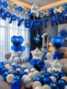 Blue Birthday Balloon Decorations Set, Happy Birthday Foil Banner with Star Heart Balloons, Black White Blue Party Decor Kit for Bedroom Surprise, Photo Backdrop and Celebration Setup