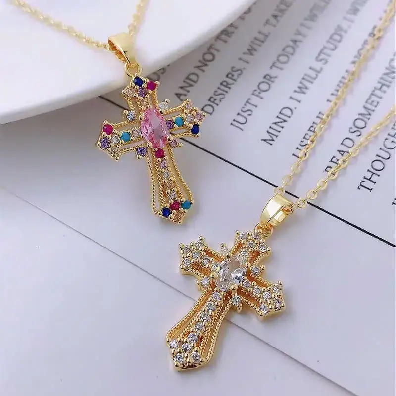 Diamond-Studded Zircon Cross Pendant Necklace Versatile Accessory trendy fashion jewelry collarbone chain vintage glam  gifts for women christmasgiftideas gifts for mom & girlfriend Titanium Steel Zirconia Stone,summer