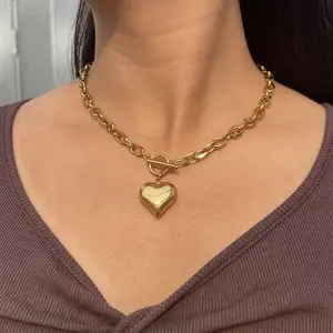 New Design Stainless Steel Puffy Heart Pendant Necklaces For Women Toggle Choker Necklaces Fashion Jewelry Valentine's Day Gift For Her