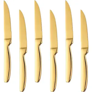 Gold Steak Knives Set of 6, Stainless Steel Serrated Kitchen Knife Set, Heavy Duty Dinner Knives for Cutting Meat, Beef, 8.6 Inch, Dishwasher Safe