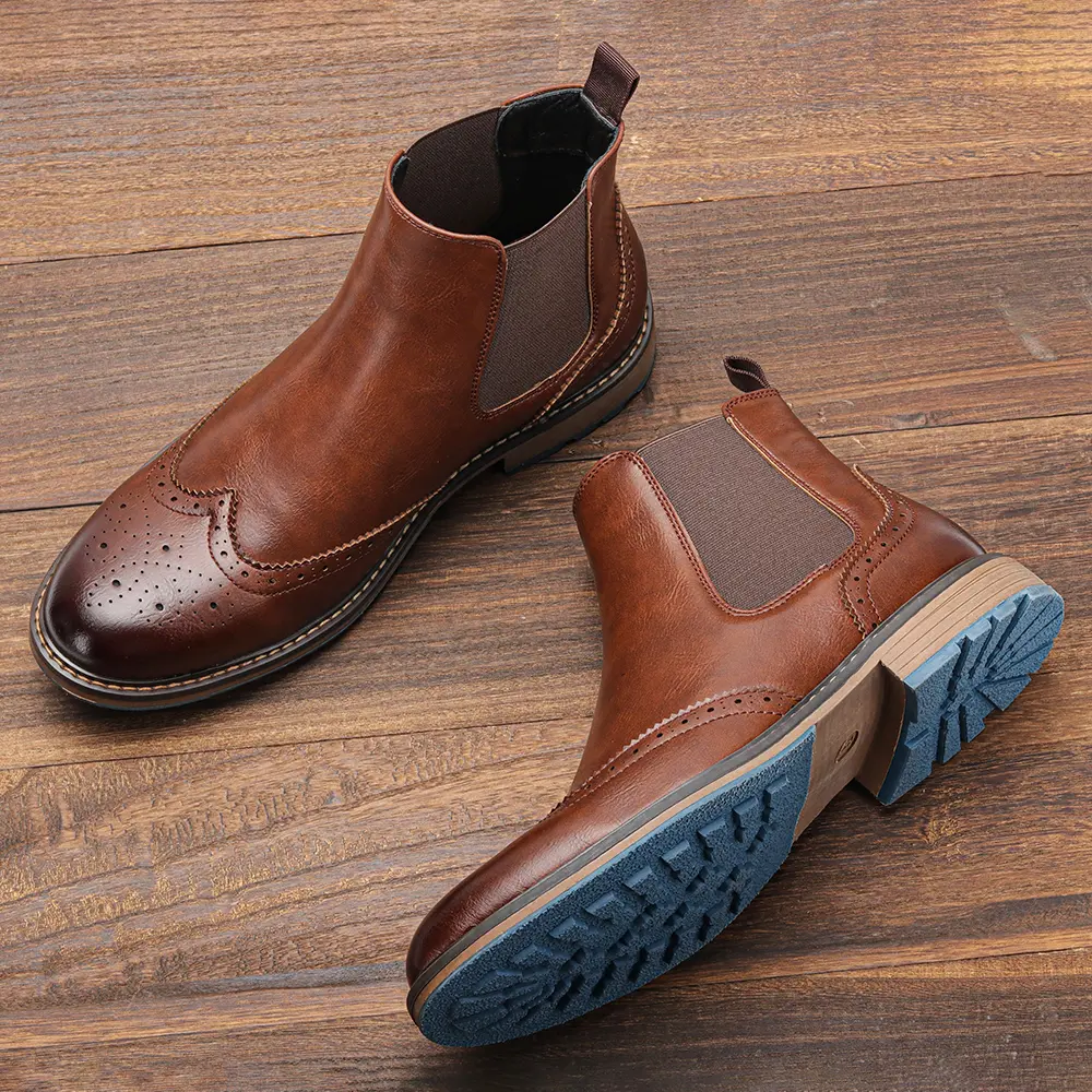 Men's Vintage Retro British Style Chelsea Brogue Boots - PU Leather, Breathable Slip-On Ankle Boots, Comfortable Walking Design, Rubber Sole Closed Footwear