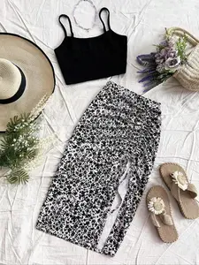 Summer 2-Piece Set Casual Holiday, Solid Color Thin Strap Top and Floral Split Skirt, Women's Fashion Clothing
