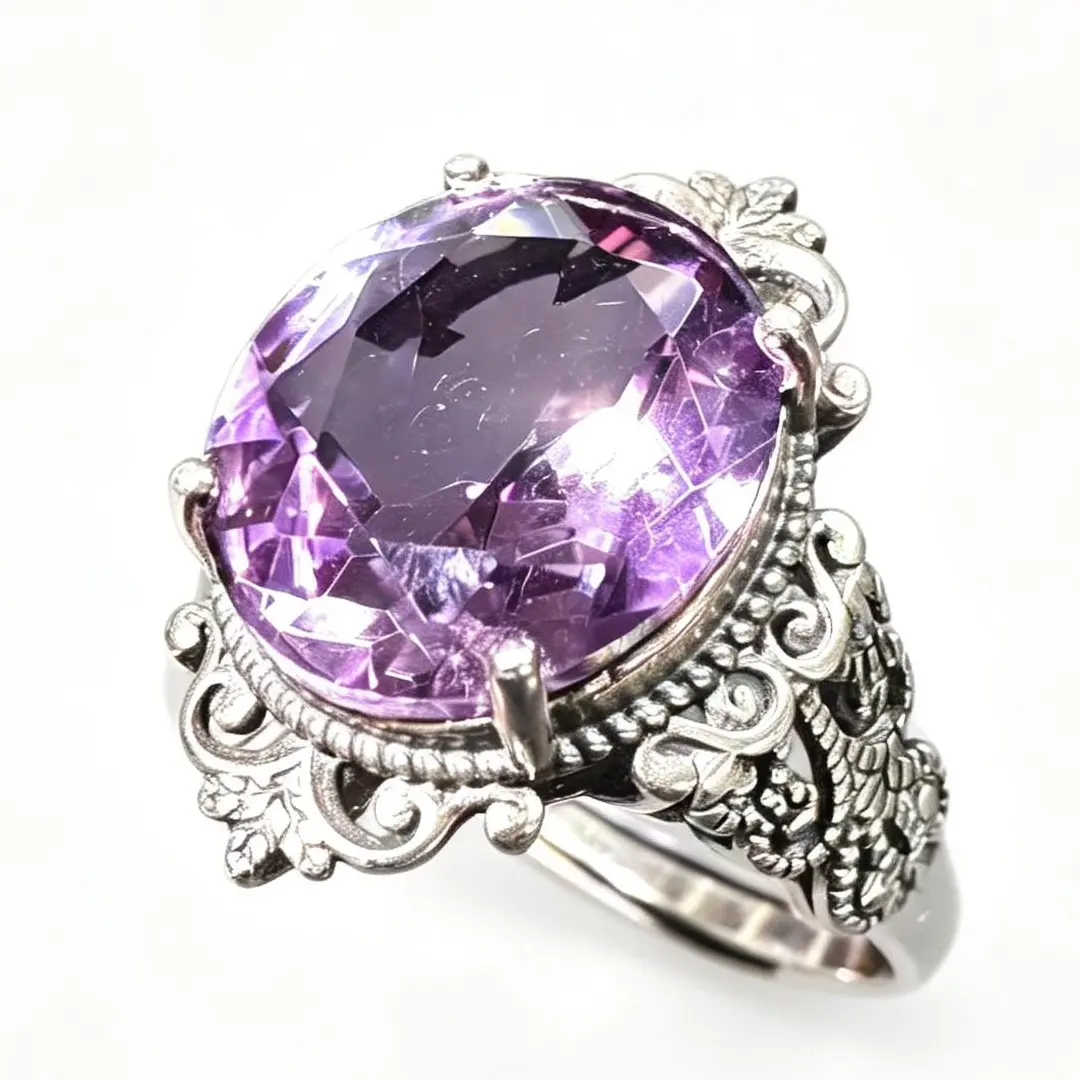 Vintage 925 Silver Oval Cut Claw Prong Natural Amethyst Adjustable Ring - 14×12mm Filigree Unique Natural Gemstone Statement Ring