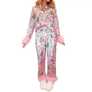 Mommy and Me Matching Pajamas Christmas Feather Trim Pajama Set 2 Piece Shirt Pants Sleep Sets for Mother Daughter Clothing GirlsGift