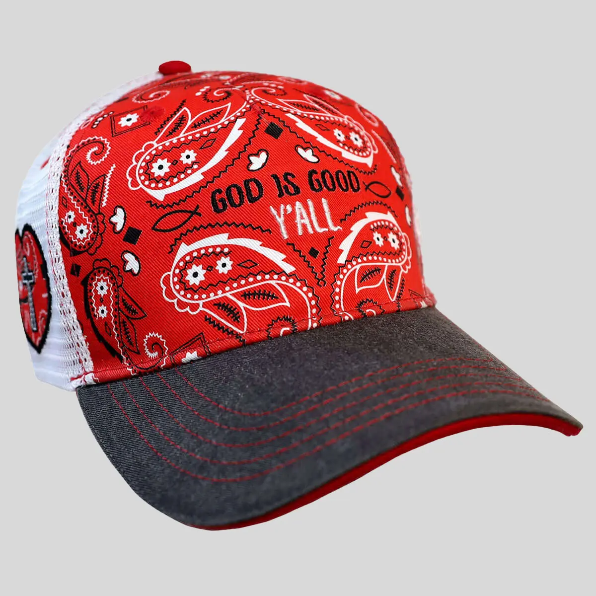 Christian Trucker Hat for Women, God is Good Y'all Bandana Pattern Cap, All-Season Cotton Polyester Mesh with Adjustable Velcro Closure