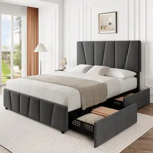 Frame Bed with Headboard Adjustable, Modern Linen Upholstered Twin Size Platform Bed Frame with 2 Storage Drawers, Wooden Slat Support, No Box Spring Needed
