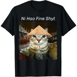 100% CottonNi Hao Fine Shyt Cat Funny Cute Meme T-Shirt