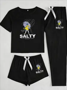 Women's Three-Piece Sleepwear Set, Umbrella Girl Print Pajamas, Casual Fitted Nightwear, All Seasons Comfortable Loungewear