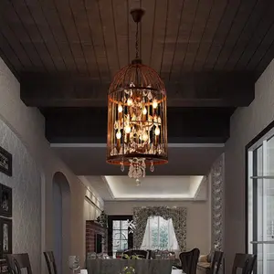 Bird Cage Crystal Pendant - Unique China Design with Birdcage Structure & Crystal Element - Rustic Brown Wrought Iron Minimalist Decor Item 14 inches Diameter 24 inches Height