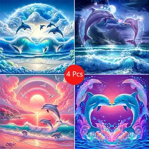 4pcs Dolphin Pattern Diamond Painting Kit, Adult Art Craft Set, Frameless DIY 5D Diamond Art, Full Drill Round Diamond Home Decor