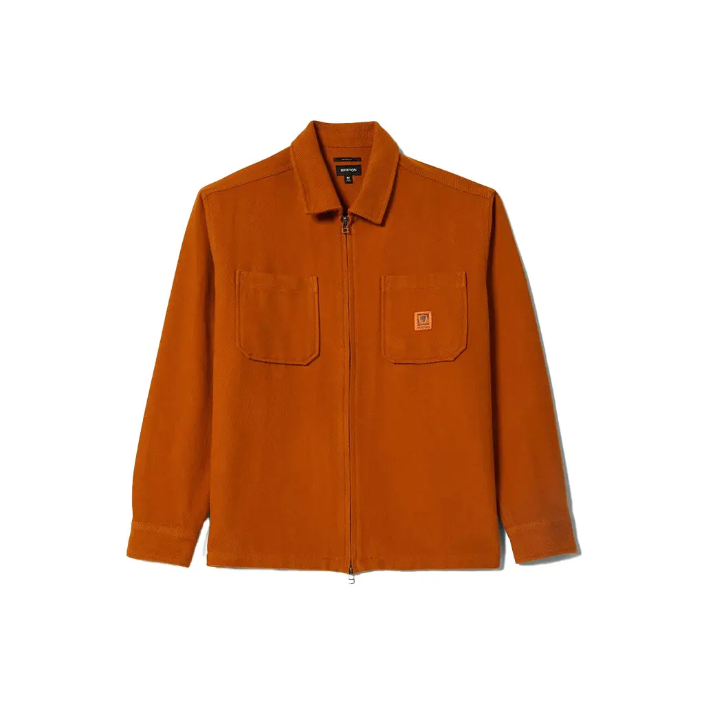 Brixton Men's Classic Vintage Union Zip Flannel Shirt - Rustic Caramel, Long-Sleeve Menswear, Relaxed Fit, Polyester-Acrylic Blend, Zipper-Closure, Aesthetic Fashion Casual Top, Tops, Pockets, Cotton, Transitional, Vintage Retro, Full Sleeves, Cold Wash,,