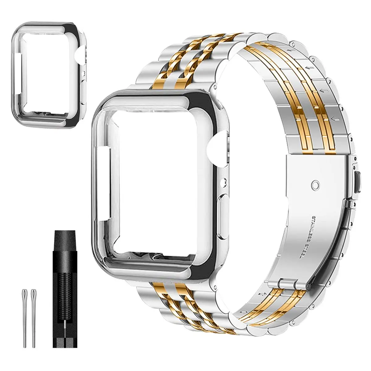 Watch Band with Protective Case, Stainless Steel Band Set for Apple Watch 38mm-49mm, Compatible with iWatch Series 9/8/7/6/5/4/3/2/1/SE/SE2, Smartwatch Accessories