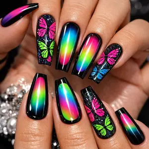 24pcs Long Ballerina Nails, Neon Rainbow Gradient Butterfly Nail Art, Glossy Finish, Dark Sweet Cool Style, Laser Flash Powder False Nails