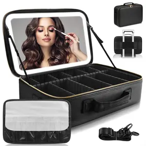 Large Makeup Bag with Removable Lighted Mirror - Waterproof PU Leather Train Case with Adjustable Dividers & Brush Storage Board - Multifunctional & High-Quality Design for Travel & Makeup Organization