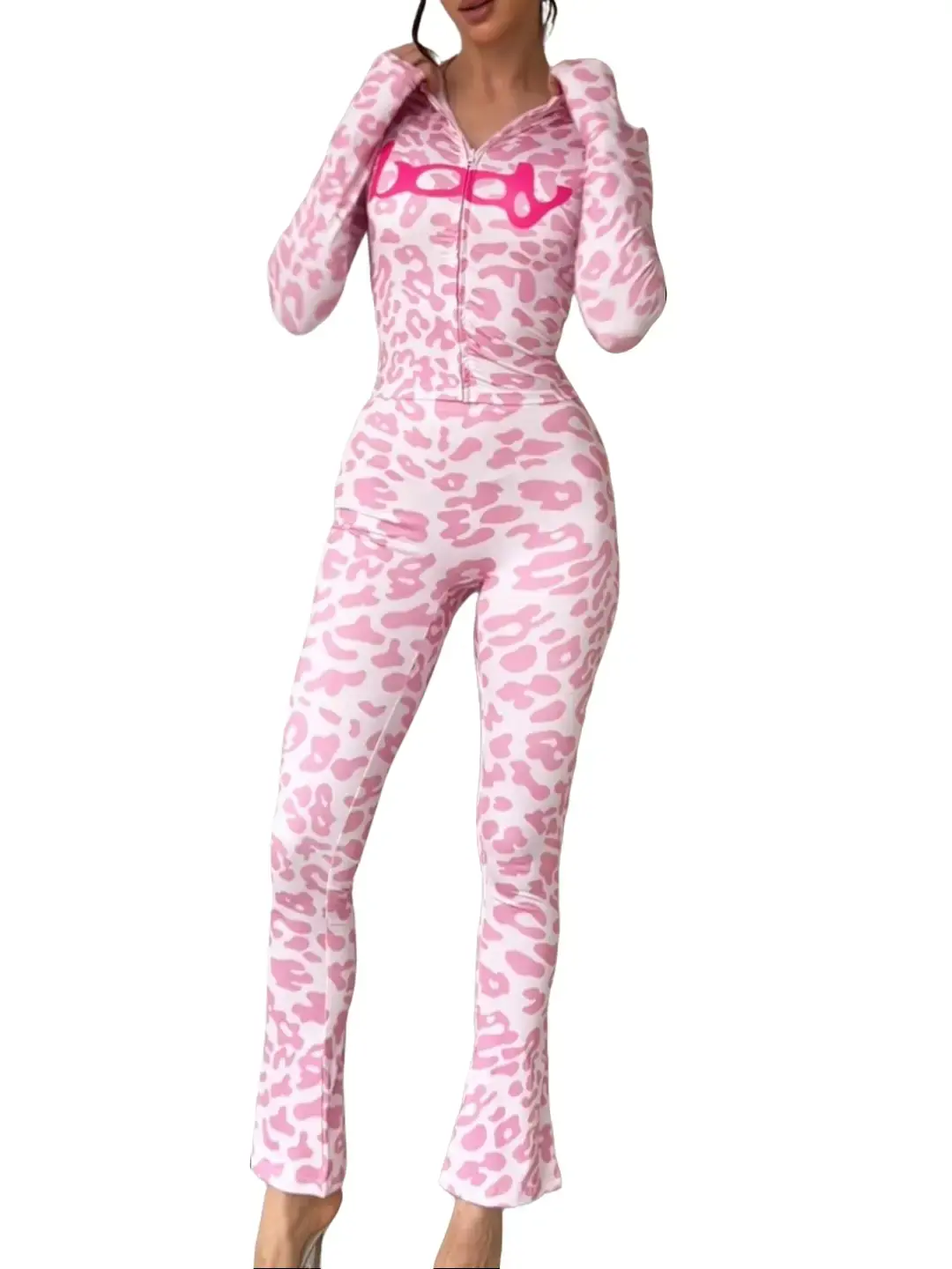Trendy Leopard Print Fitted Zip Up Semi Sheer Casual Sweater and Legging Set Womenswear Suits Trendy Leopard Print Fitted Zip Up Semi Sheer Casual Sweater and Legging Set Womenswear Suits