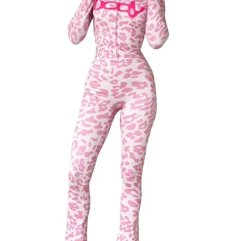 Women's 2-Piece Fitted Knitted Set - High Neck Long Sleeve Semi Sheer Button Front Zip-Up Flattering Top & Leggings, Bold Leopard Graphic, Curve-Flattering, Everyday Wear, Female Stylish Clothes