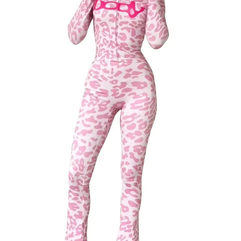 Women's 2-Piece Fitted Knitted Set - High Neck Long Sleeve Semi Sheer Button Front Zip-Up Flattering Top & Leggings, Bold Leopard Graphic, Curve-Flattering, Everyday Wear, Female Stylish Clothes