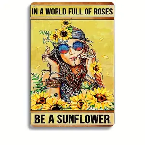The room is decorated with a humorous metal sign that reads "Leave the Wildflowers, Kids." This metal poster, embodying the hippie spirit, is suitable for both indoor and outdoor use, measures 12 x 8 inches, and has a retro style.