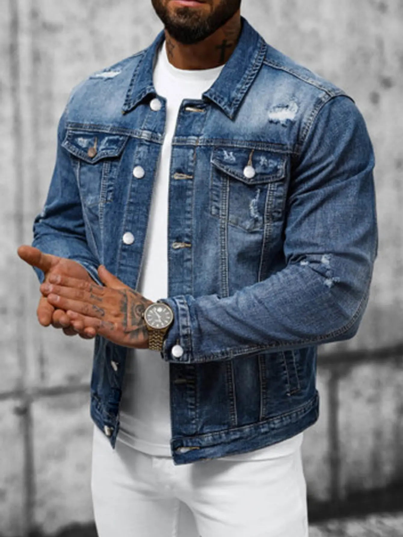 Men Stylish Ripped Distressed Slim Denim Jacket Streetwear Male Casual Jean Jacket Coat Menswear Tops Long Sleeve Deals For You Days