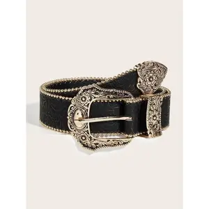 Boho 1pc Women's Embossed Western Cowgirl Style Heavy Duty Truck Bead Buckle Fashion Pu Belt For Daily Use Halloween