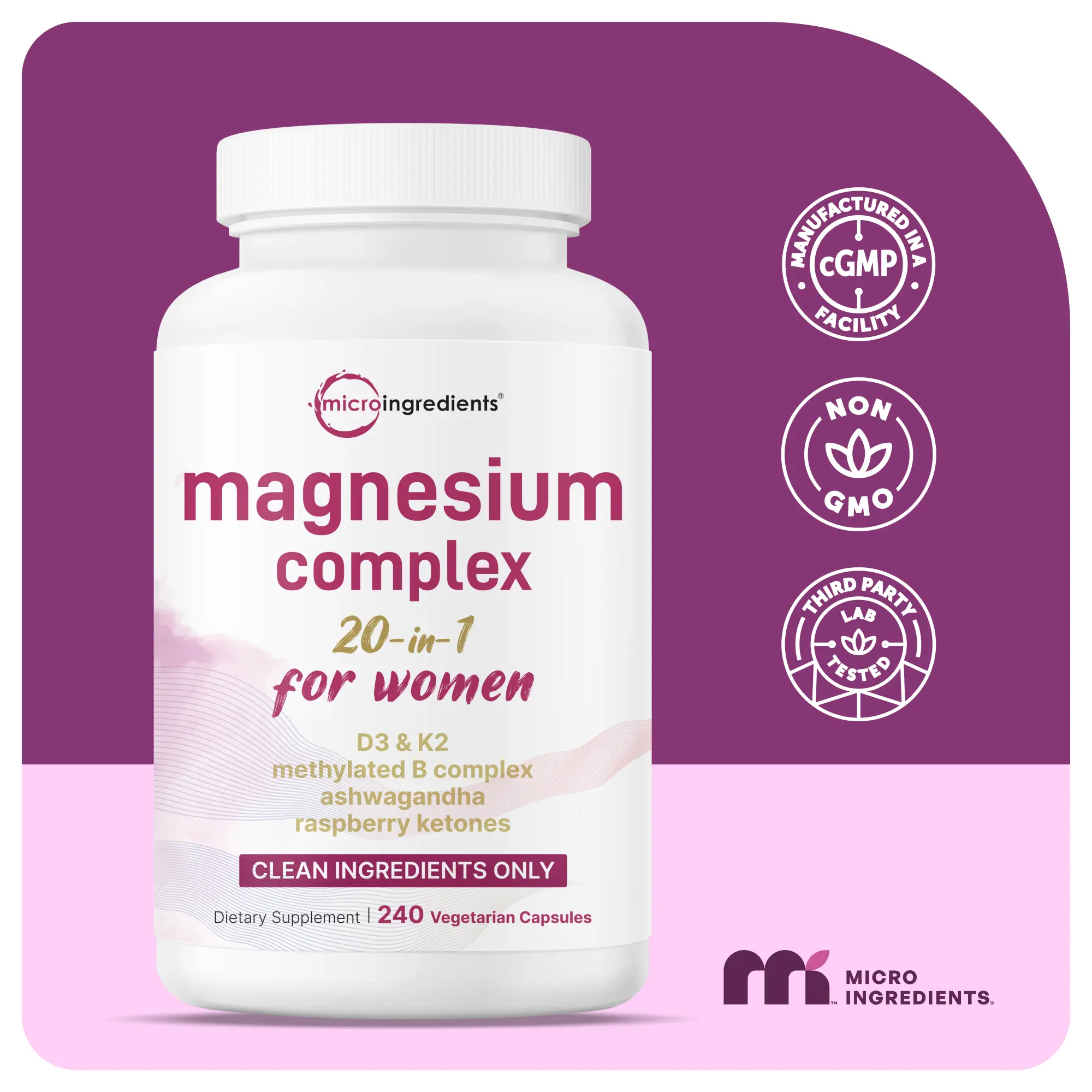 Magnesium Complex for Women, 240 Vegetarian Capsules | 20-in-1 Formula - Magnesium Blend with Vitamin D3, K2, Ashwagandha & More | Filler Free, Non-GMO Magnesium Complex for Women, 240 Vegetarian Capsules | 20-in-1 Formula - Magnesium Blend with Vitamin D3, K2, Ashwagandha & More | Filler Free, Non-GMO