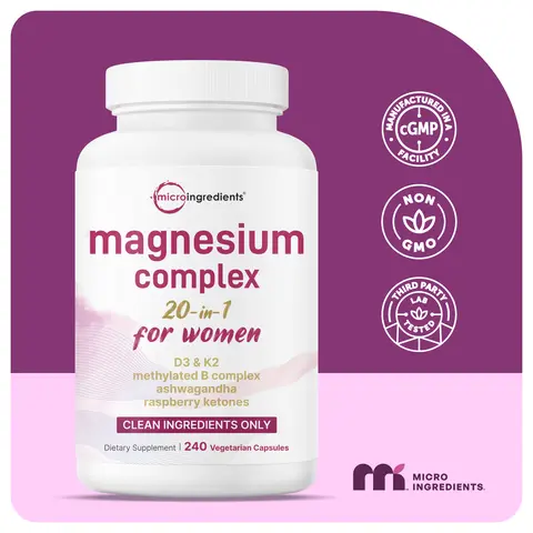 [Live Exclusive] Micro Ingredients Magnesium Complex for Women, 240 Vegetarian Capsules | 20-in-1 Formula - Magnesium Blend with Vitamin D3, K2, Ashwagandha & More | Filler Free, Non-GMO