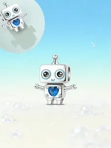 Cute Silver Color Robot Charm, Heart-Shaped Blue Gem & Antenna Detail, Kawaii Jewelry for Pandora Bracelet, Adorable Accessory