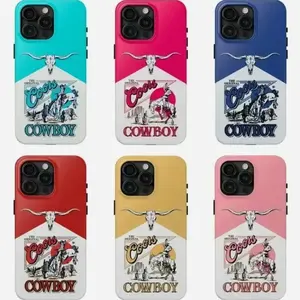 Cowboy Western Tough Phone Case - Longhorn Skull Rodeo Horse Print for iPhone 11 12 13 14 15 16 17 Pro Max Plus Air/Samsung S22-S24