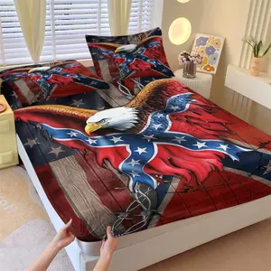 American Bald Eagle Confederate Flag Fitted Sheet Set, 1 Fitted Sheet + 2 Pillowcases - 3 Piece Soft Breathable Deep Pocket Bedding, Patriotic USA with Barbed Wire Art Bed Sheets for Bedroom Decor, Full Size