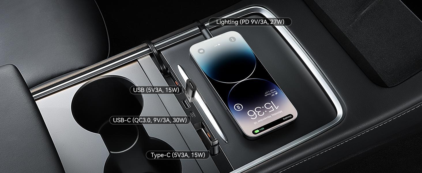 YONZEE  Retractable USB Hub for Tesla Accessories Multi-Port Model 3/Y Concealed Docking Station with Dustproof Sliding Cover and Quick Charging Model Y 2021-2026 and Model 3 2021-2025 （Compatible with Juniper and Highland）