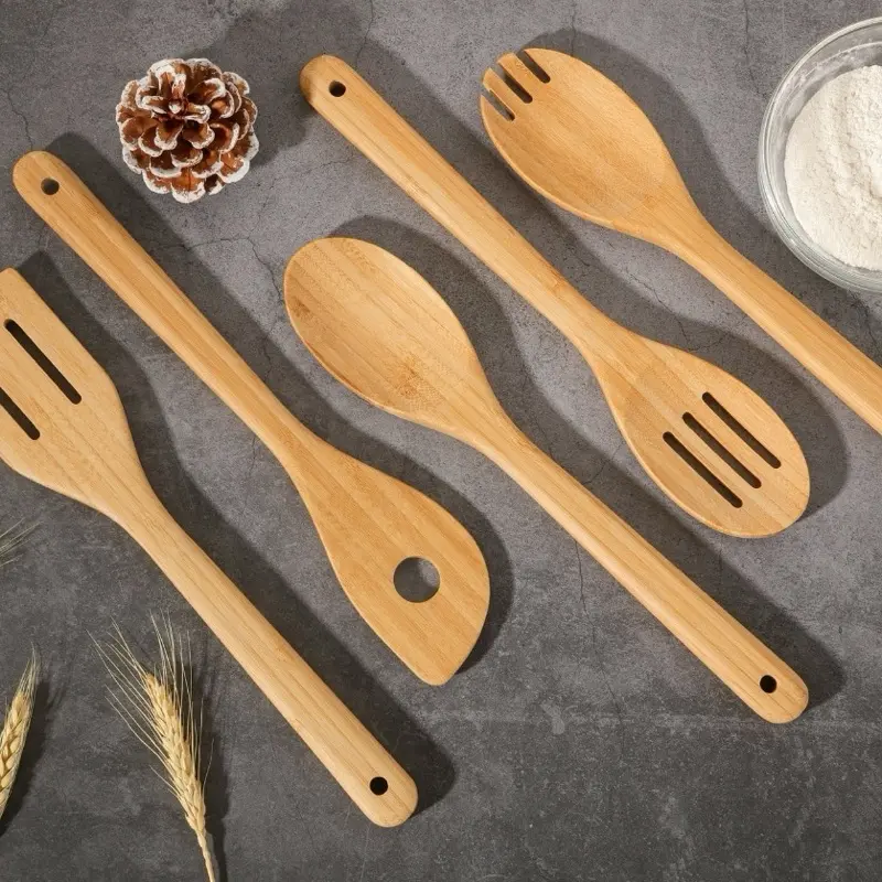 Natural Bamboo Kitchen Tools Set with Wooden Spoons, Spatula, and Spatula for Cooking - Knife, Block
