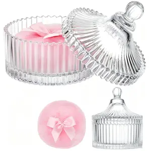 Dusting Powder Container with Puff, 2PCS Large Body Powder Puff and Container - Crystal Glass Dusting Powder Jar & Soft Velour Washable Body Powder Puff for Women, Powder Puff Set