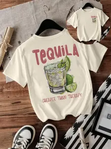 Women's Tequila Drink Round Neck Graphic Tee, Vintage Trendy Casual Short Sleeve T-shirt for Daily Wear, Ladies Summer, Top