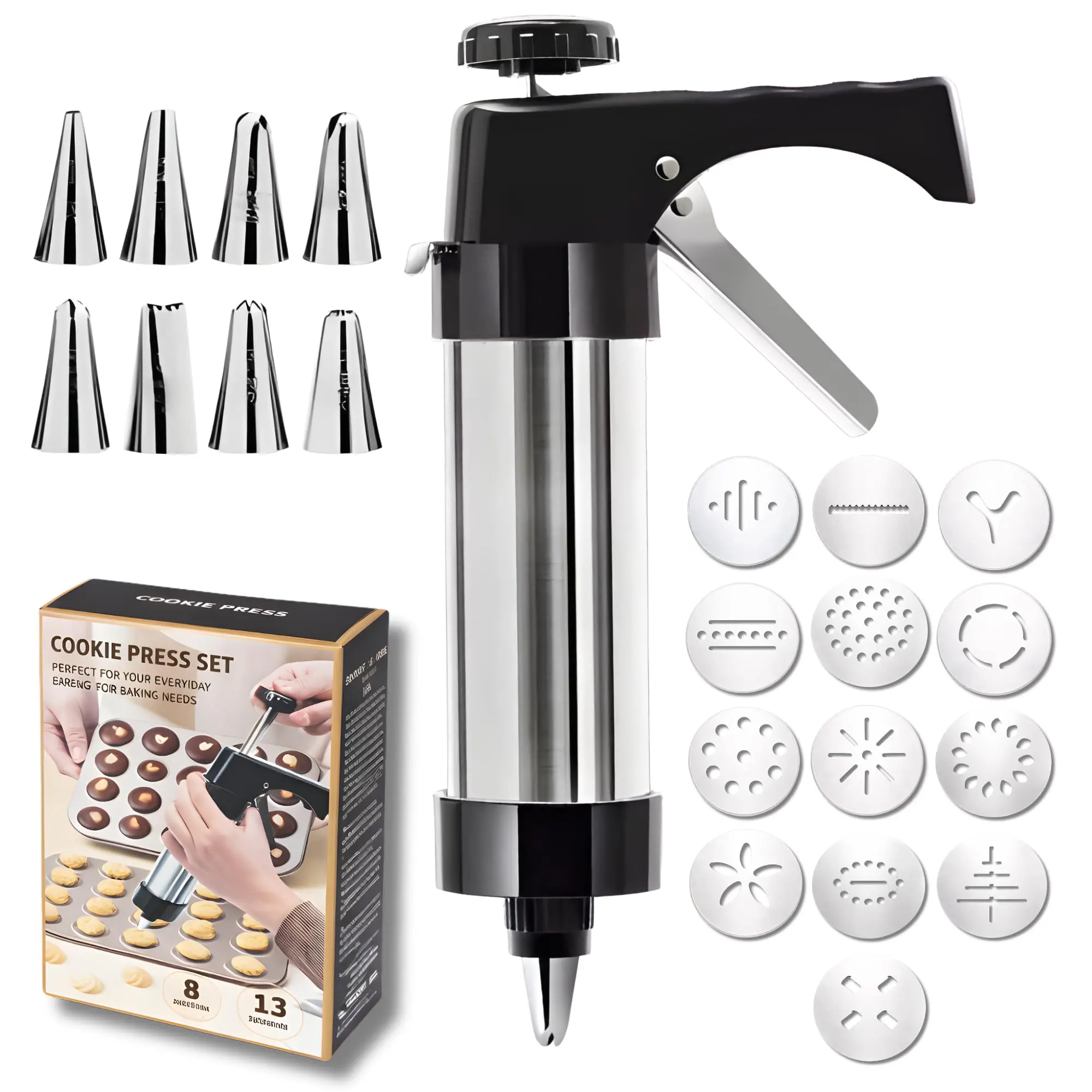 RROETXI Stainless Steel Cookie Decorating Kit - 13 Shaped Cutters, 13 Discs, 8 Piping Nozzles, Multi-Functional Baking Gun | Pro-Look At Home Cake Decorating Tool Set, Kitchen Bakeware Utensils, Festive DIY Gift (Easter, Halloween, Birthday)