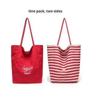 Stylish Striped Color-Block Canvas Tote Bag Large Capacity Double-Sided Shoulder Tote for Daily Commute Work School Travel & Casual Outings Trendy Elements Ins Lazy Style