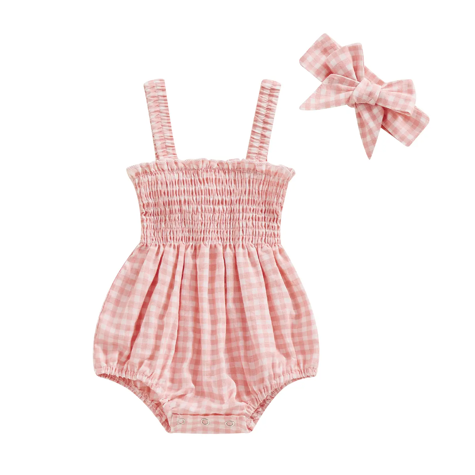 Baby Girls Summer Outfits Sleeveless Spaghetti Strap Frill Smocked Plaid Romper with Headband Newborn Infant Girl Clothes Set Spring