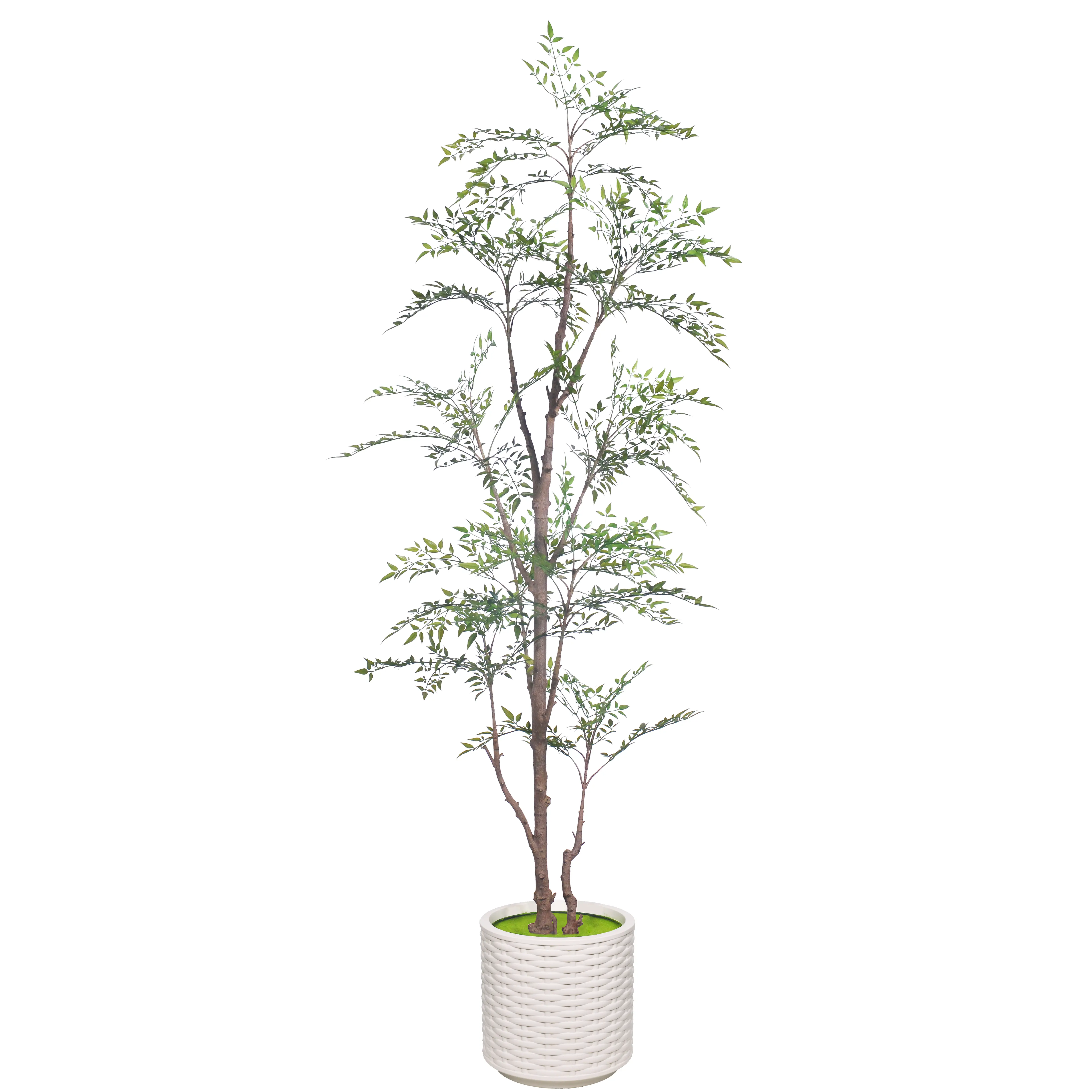 Casvik 7ft Plastic Artificial Nandina Tree - Minimalist Decorative Faux Bamboo Plant with Adjustable Wired Branches, Realistic Multi-Color Foliage, 10.6"d x 10.4"h White Planter with Moss, Box, Mess-Free Leaf Cleanup for Modern Japandi Home Decor, Asian,