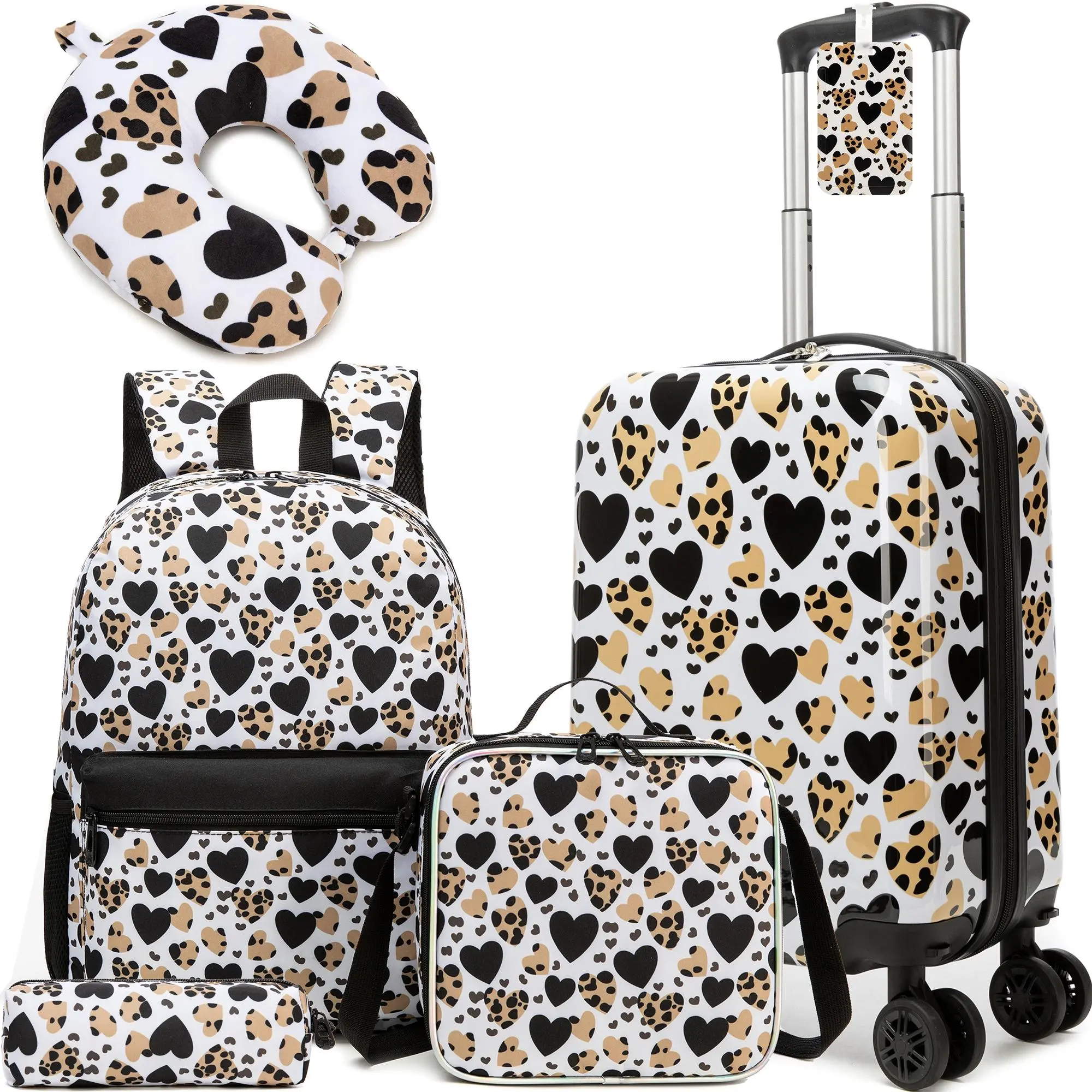 Girls' Luggage Set, 6-Piece Cute Cheetah Heart Print Hardshell ABS Suitcase with 360° Spinners, Backpack & Lunch Bag, Back To School Haul, Chic