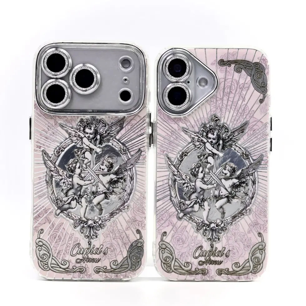 Adorable and charming medieval-inspired Cupid angel phone case, compatible with iPhone 13/14/15/16/17, featuring a diamond-glitter aesthetic design and a camera lens cover