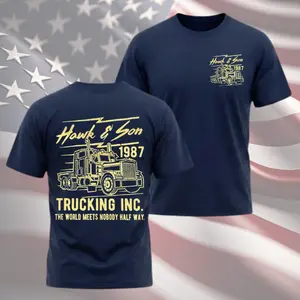 Hawk & Son Trucking Inc Short-Sleeve Round Neck Casual Streetwear Top, 1987 Trucker Movie Inspired Graphic Tee for Vintage Semi Truck Film Fans