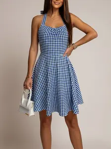 Elegant Summer Dress for Women, Digital Print Halter Neck Tie Waist A-Line Midi Dress, Blue Plaid Casual Vacation Style, Casual Classy Fashion