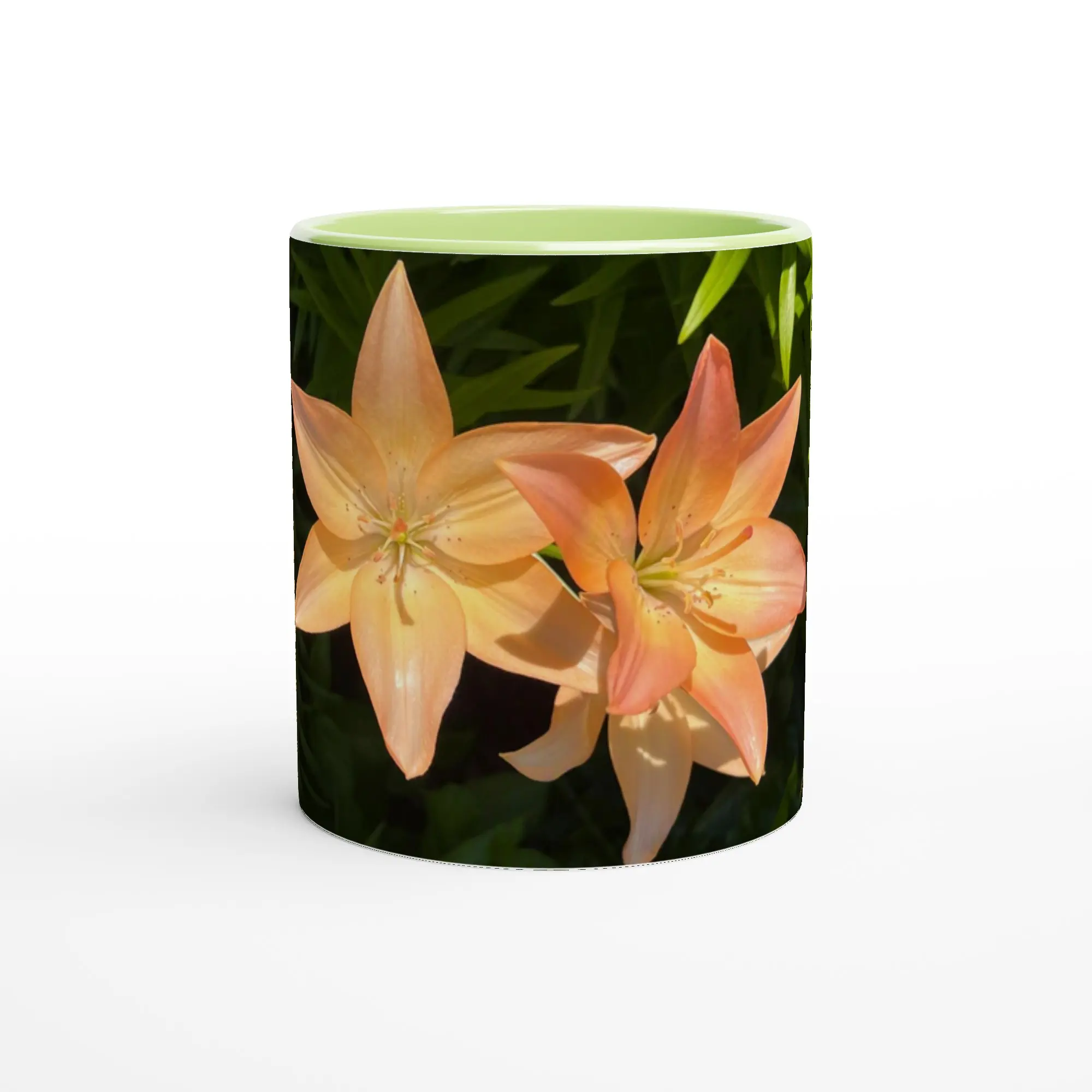 Peach Lily 11oz Ceramic Mug with Color Inside Ceramic Green