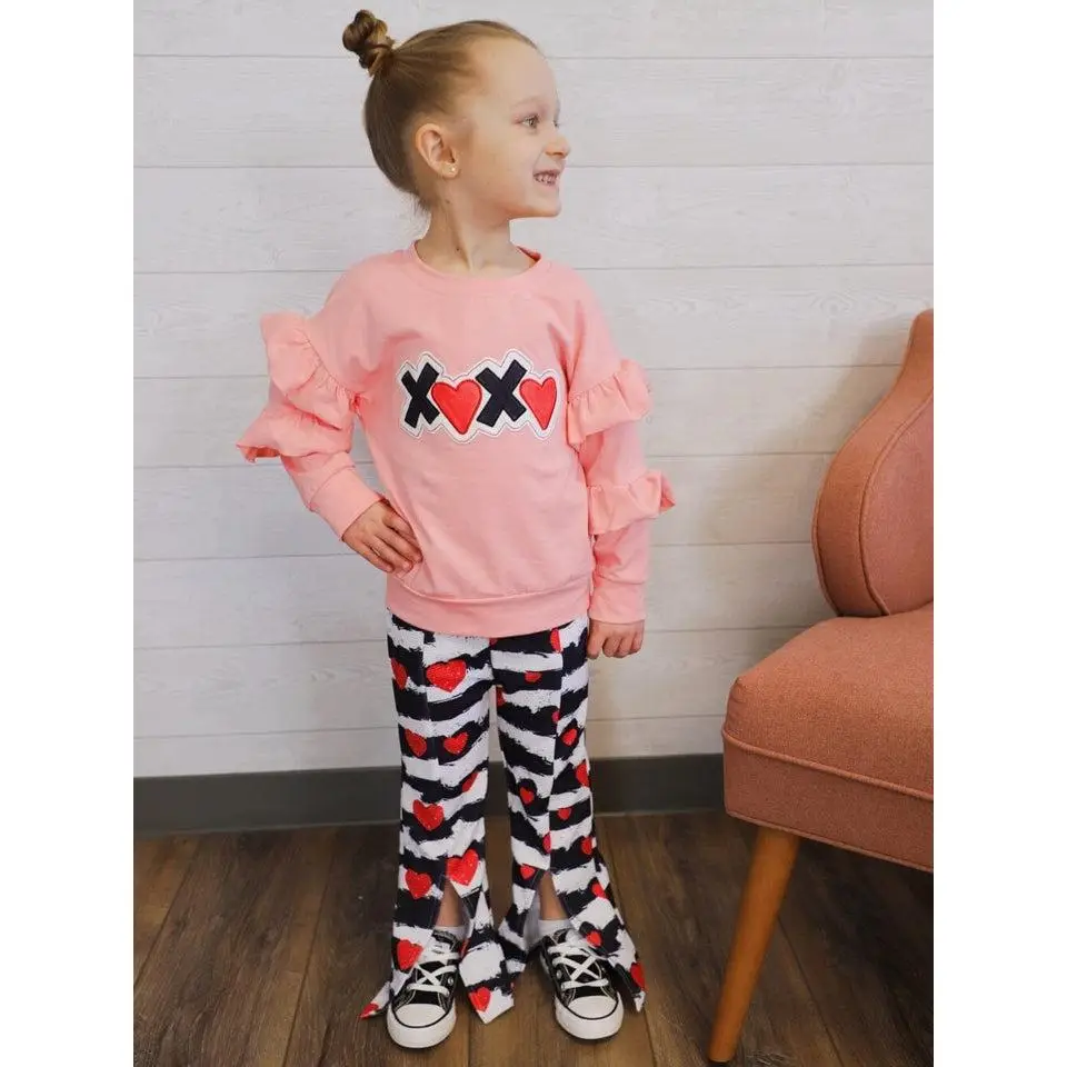 XOXO Falling In Love Pink Ruffle Flare Bell Bottom Pants Girls or Toddler Long Sleeve Valentine's Day Outfit