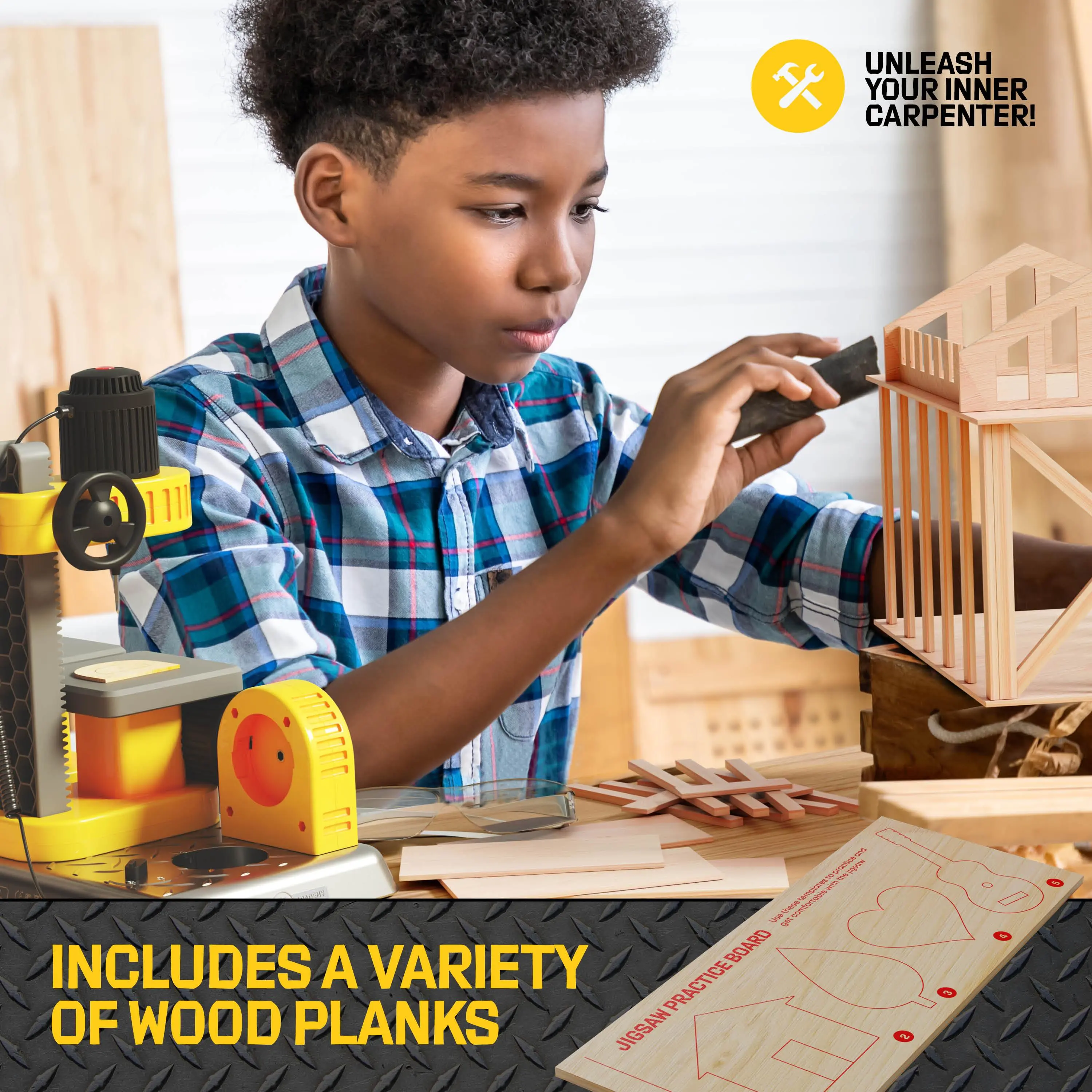 Real Kids Woodworking Station – Real Jigsaw Drill & Sander Set for boys  | 3 in 1 DIY Craft Builder | Toy Boys Birthday gift idea